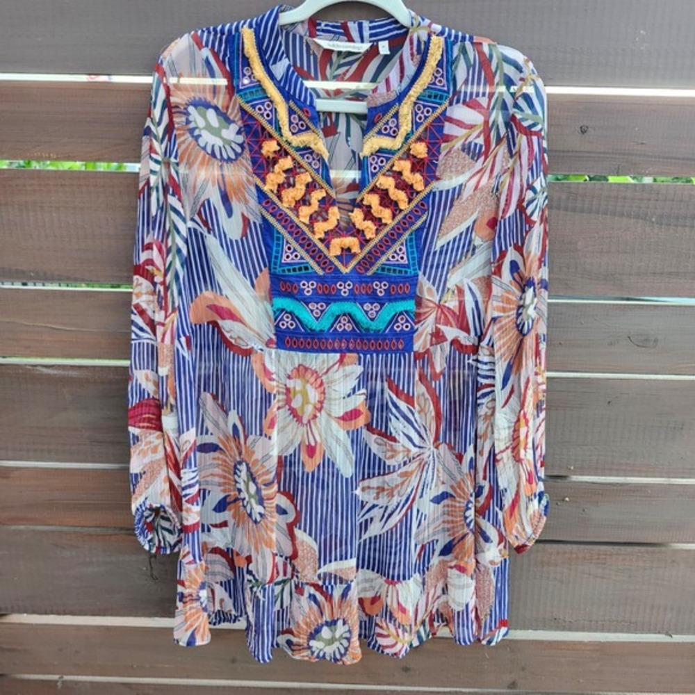 Soft Surroundings Floral Embroidered Tunic Blue Boho Maximalist Dopamine M